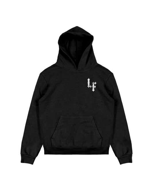 LA FAMILIA “PRAYER HANDS” HOODIE – BLACK LAVA WASH