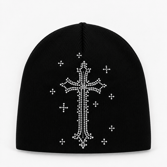 BARBED CROSS RHINESTONE BEANIE - La Familia Forever