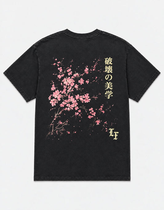 Cherry Blossom Tee in washed black, back with pink blossoms, yellow lettering and LF graphic