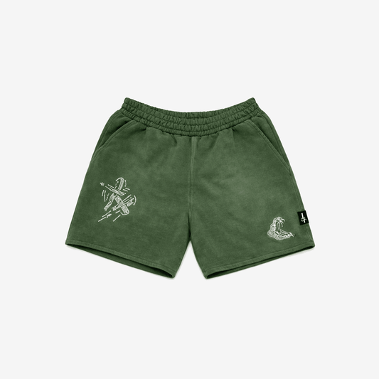 DOUBLE CROSS RHINESTONE & SERPENT EMBROIDERED SHORTS – POTASSIUM WASH - La Familia Forever