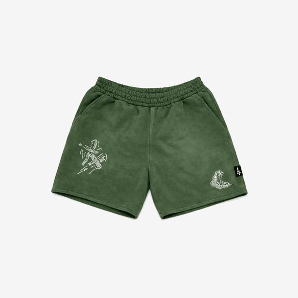 DOUBLE CROSS RHINESTONE & SERPENT EMBROIDERED SHORTS – POTASSIUM