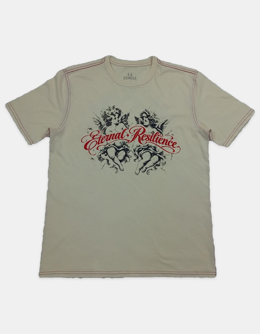 Eternal Resilience cream boxy tee front on light gray catalog background