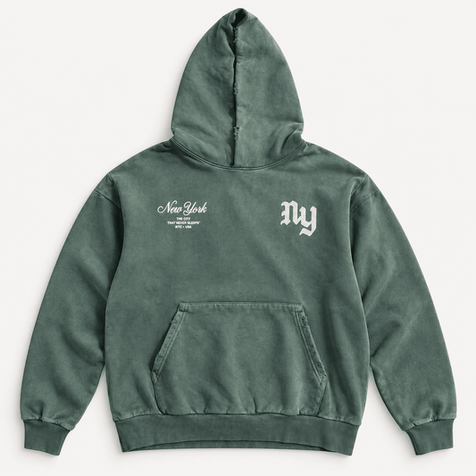 New York NY Rhinestone Hoodie - Vintage Green - La Familia Forever