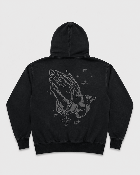PRAYING HANDS RHINESTONE BOXY HOODIE - La Familia Forever